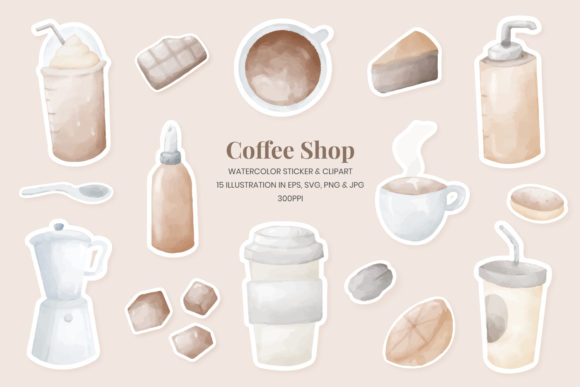 Download Coffee Shop Watercolor Clipart &amp; Sticker - Shop Collection
