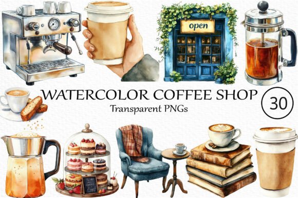 Download Watercolor Coffee Shop Clipart - Shop Collection